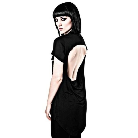 Killstar ✦ “Fact” Cut-Out Back Tee ✦ Black Jersey Embroidered Gothic Top Size S - Picture 2 of 5